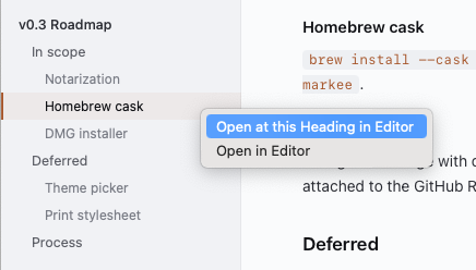 Right-click context menu on an outline row showing 'Open at this Heading in Editor' and 'Open in Editor' options.