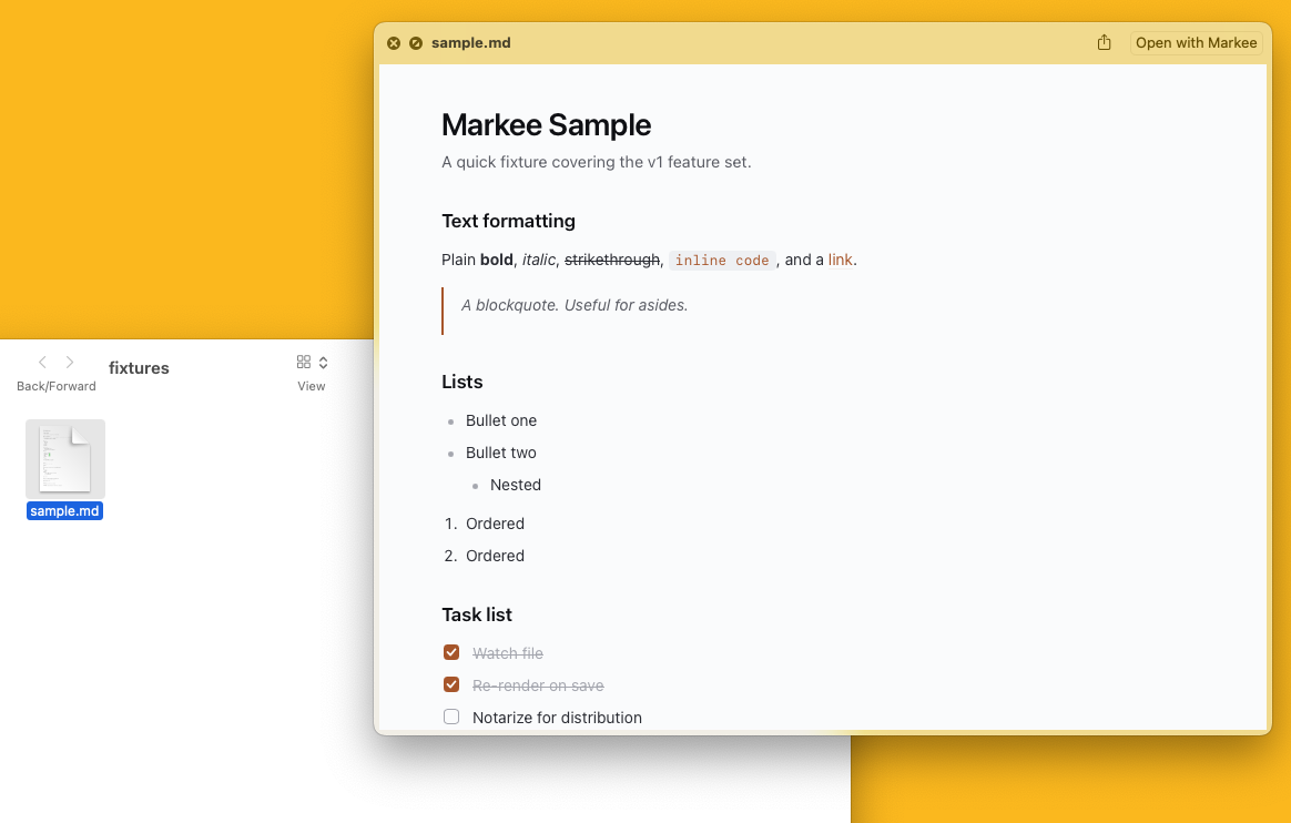 A macOS Quick Look window showing a Markdown file rendered by Markee — headings, text, and code — instead of raw source.
